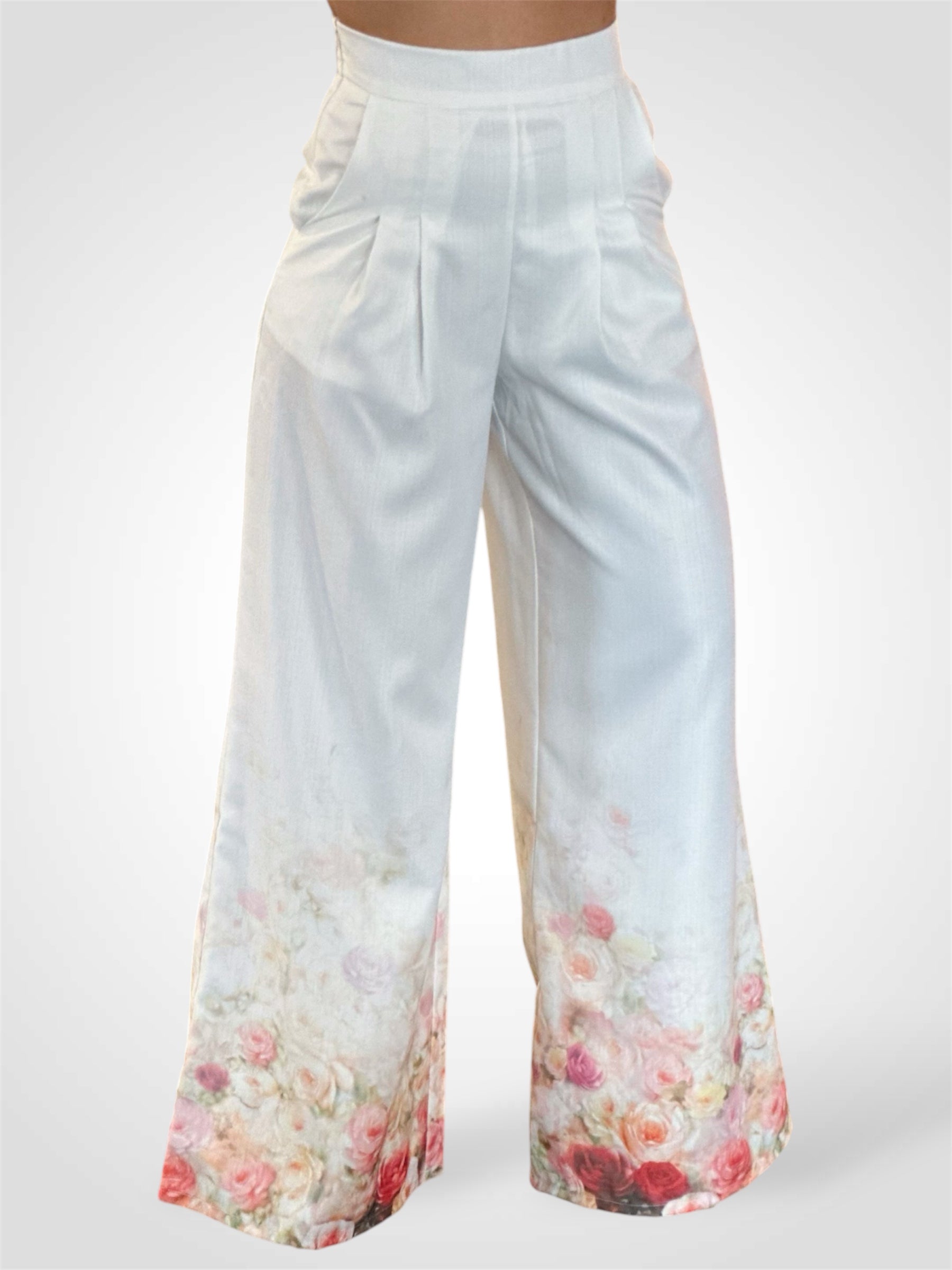 White Garden Print Hem Pants•
