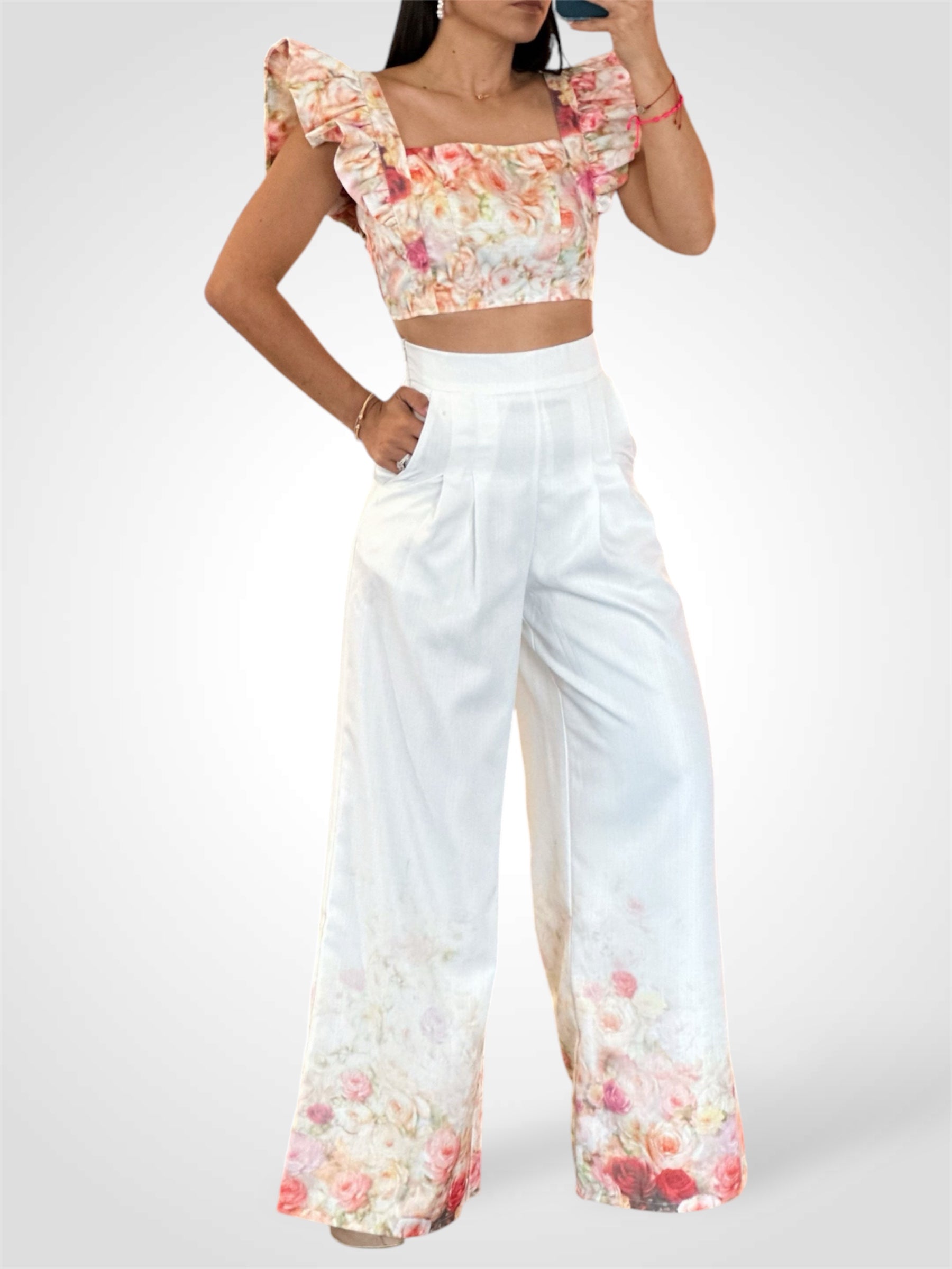 White Garden Print Hem Pants•-2