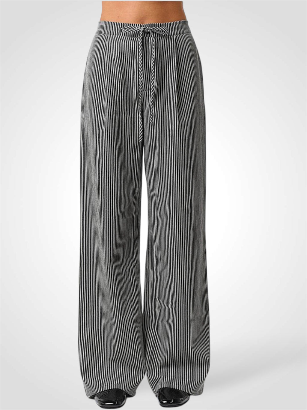 BLACK STRIPE DRAWSTRING WIDE LEG PANTS