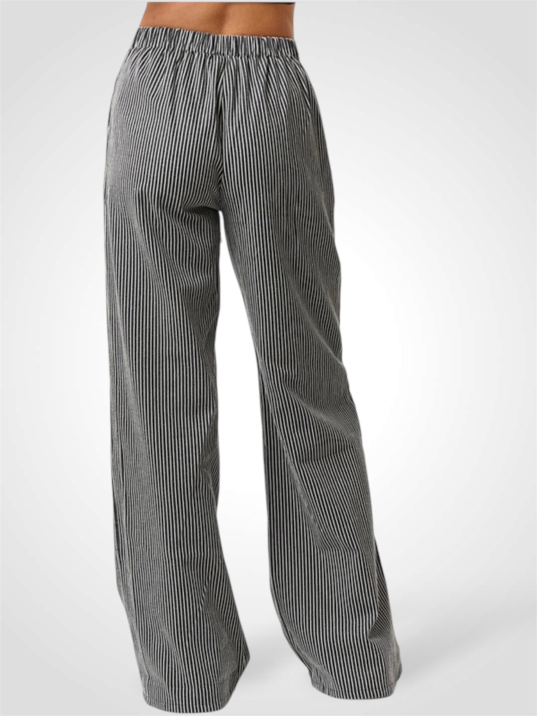 BLACK STRIPE DRAWSTRING WIDE LEG PANTS