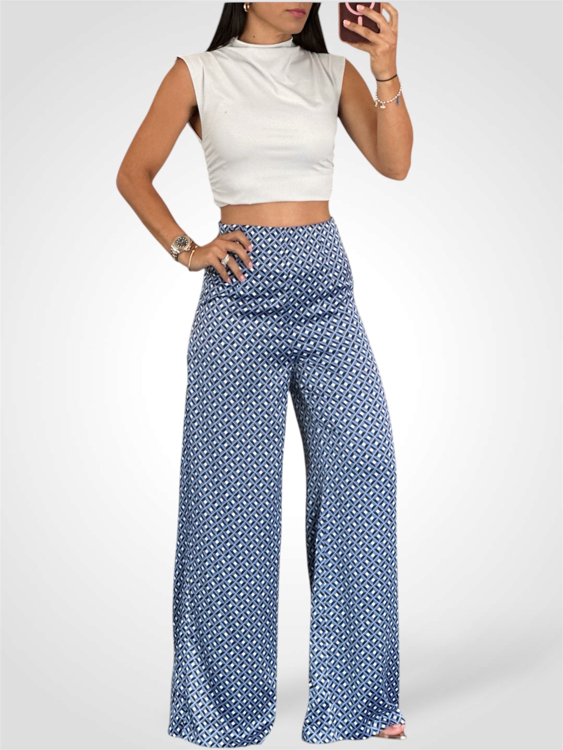 SILKY WIDE LEG PRINT PANTS