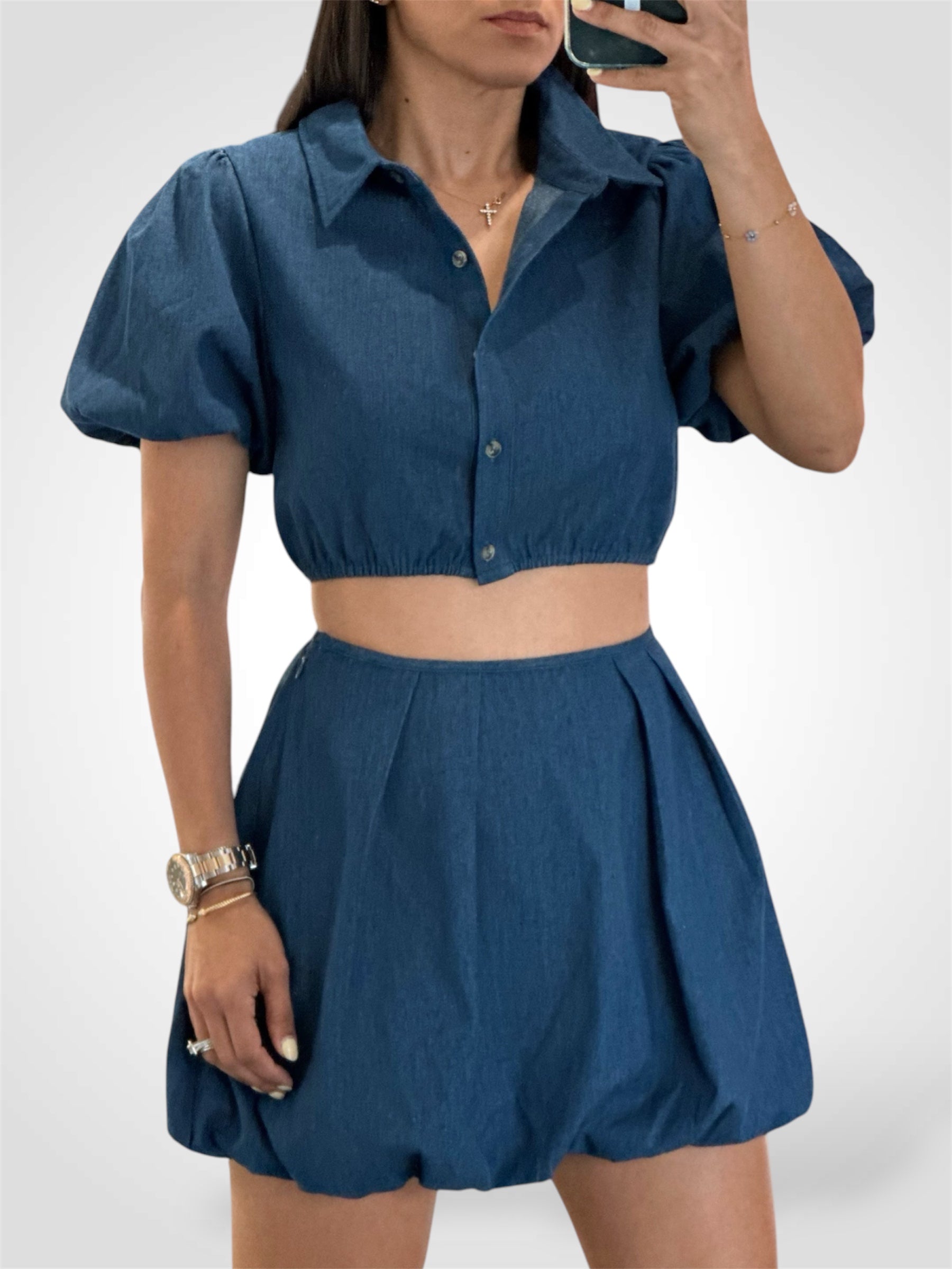 DENIM MINI BUBBLE HEM SKIRT WITH PLEATS DETAIL•-3