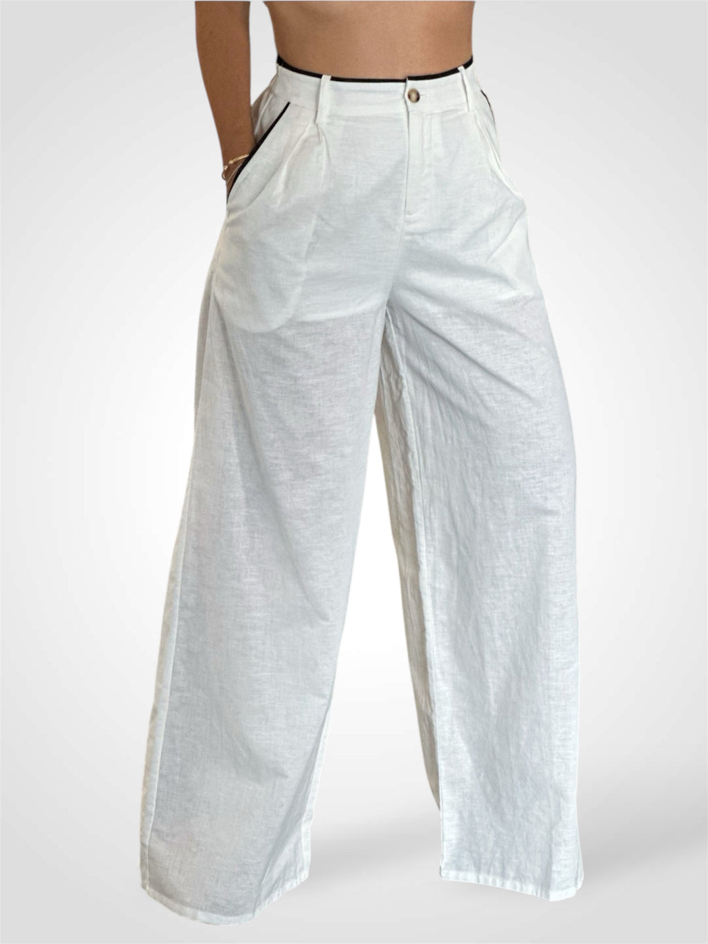 OFF WHITE/BLACK CONTRAST PIPING DETAILED LINEN PANTS