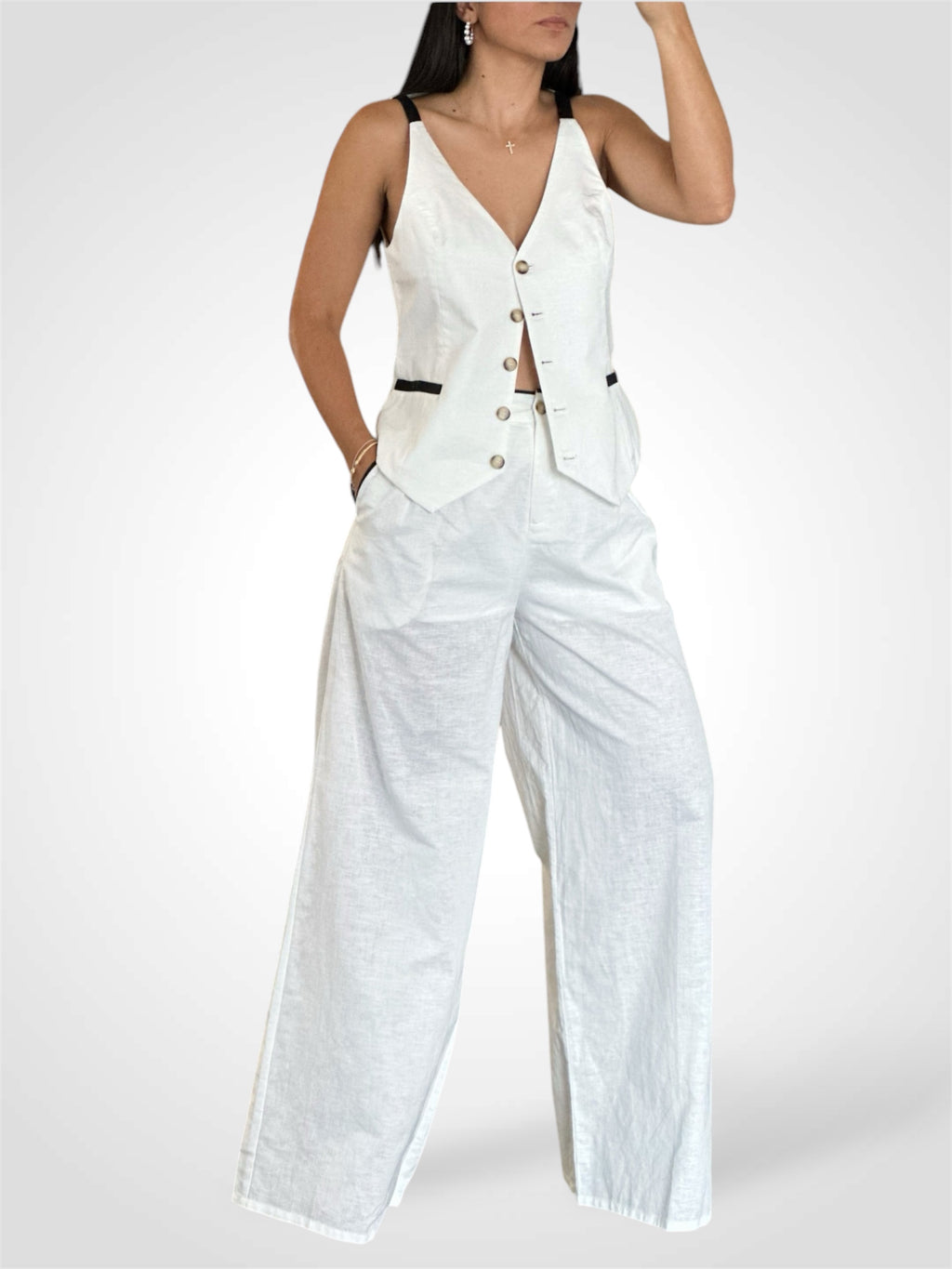 OFF WHITE/BLACK CONTRAST PIPING DETAILED LINEN PANTS