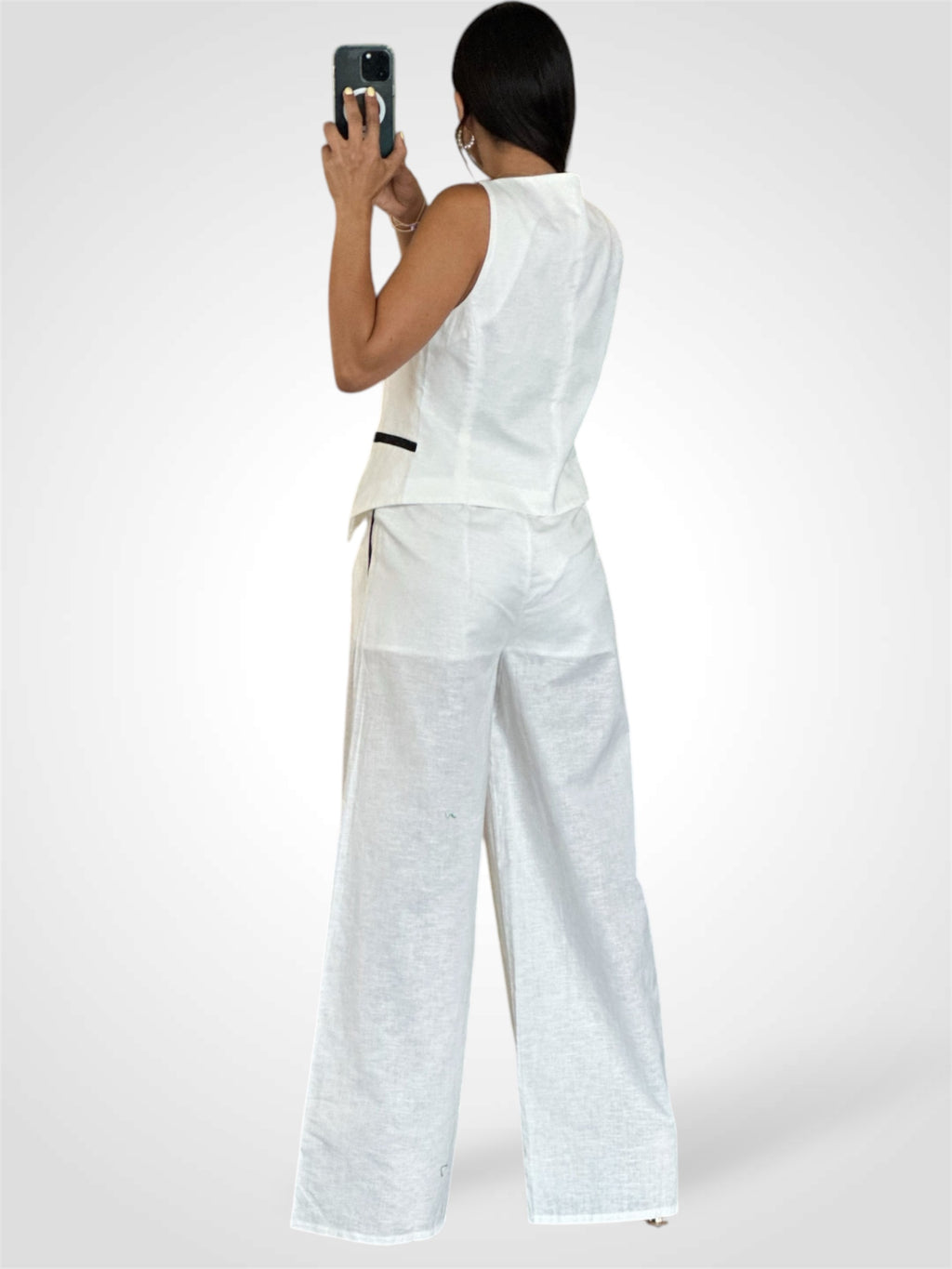 OFF WHITE/BLACK CONTRAST PIPING DETAILED LINEN PANTS