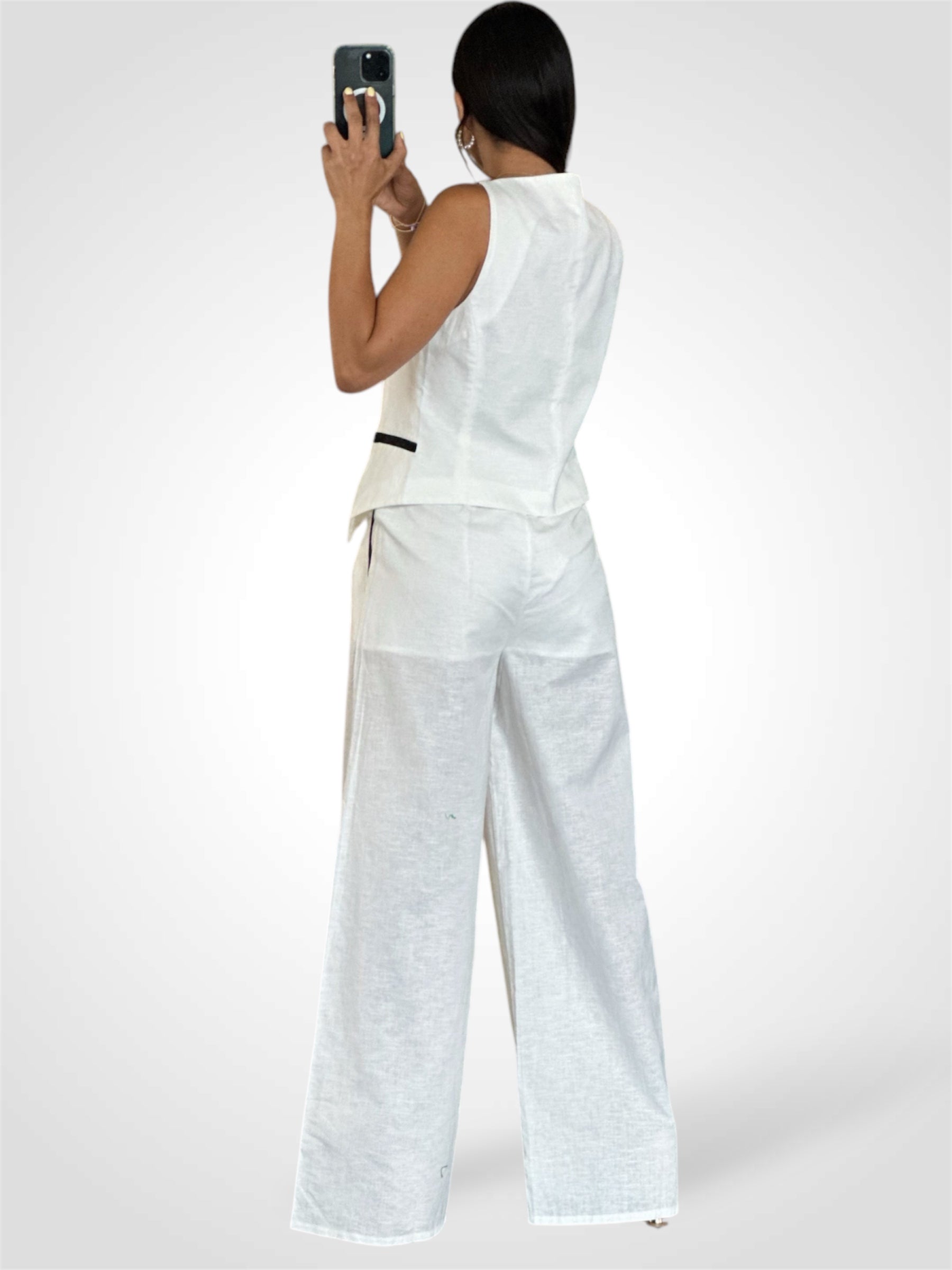 OFF WHITE/BLACK CONTRAST PIPING DETAILED LINEN PANTS-3