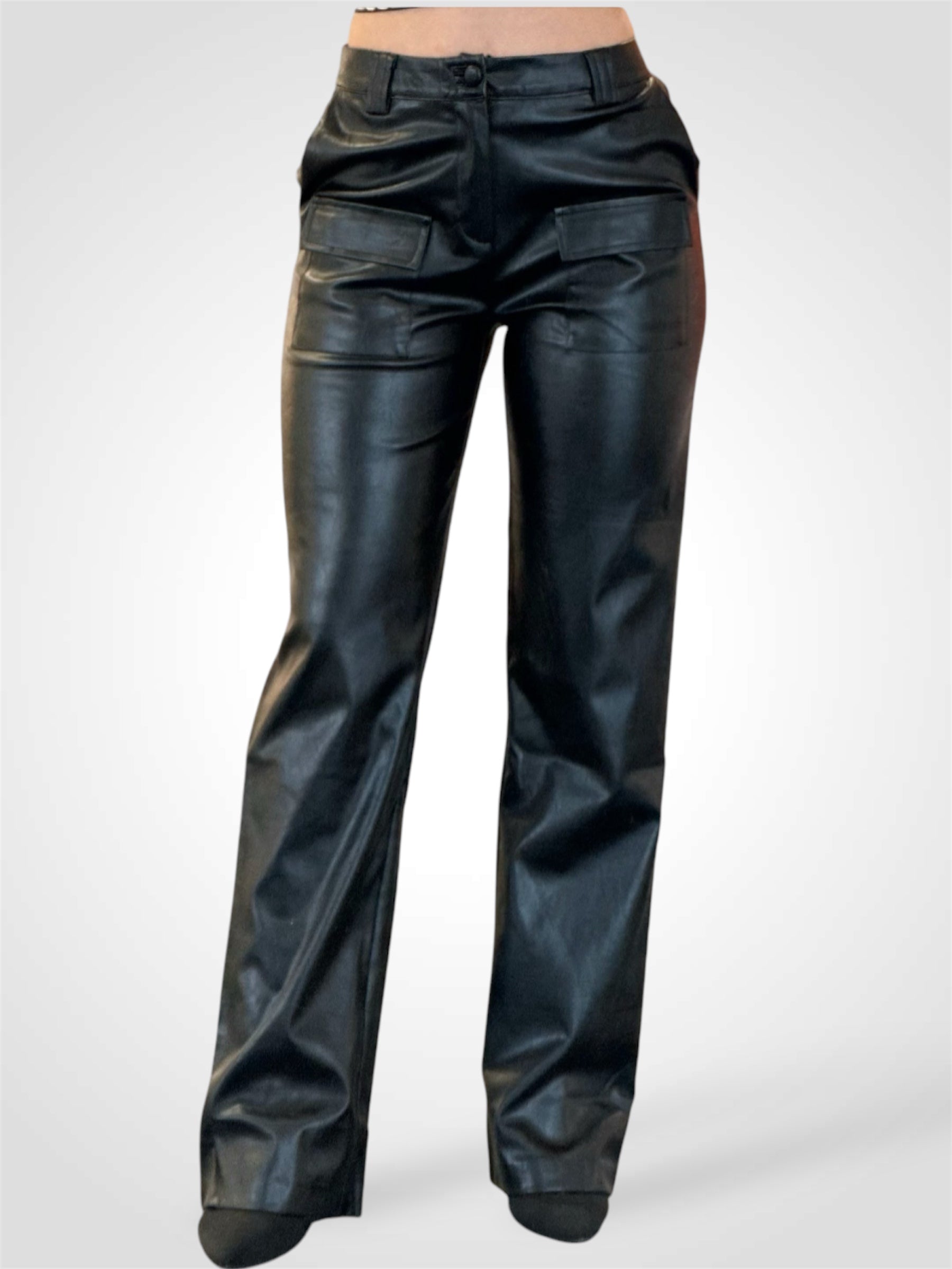 BUTTON CLOSURE POCKETS WIDE LEG LEATHER PANTS•