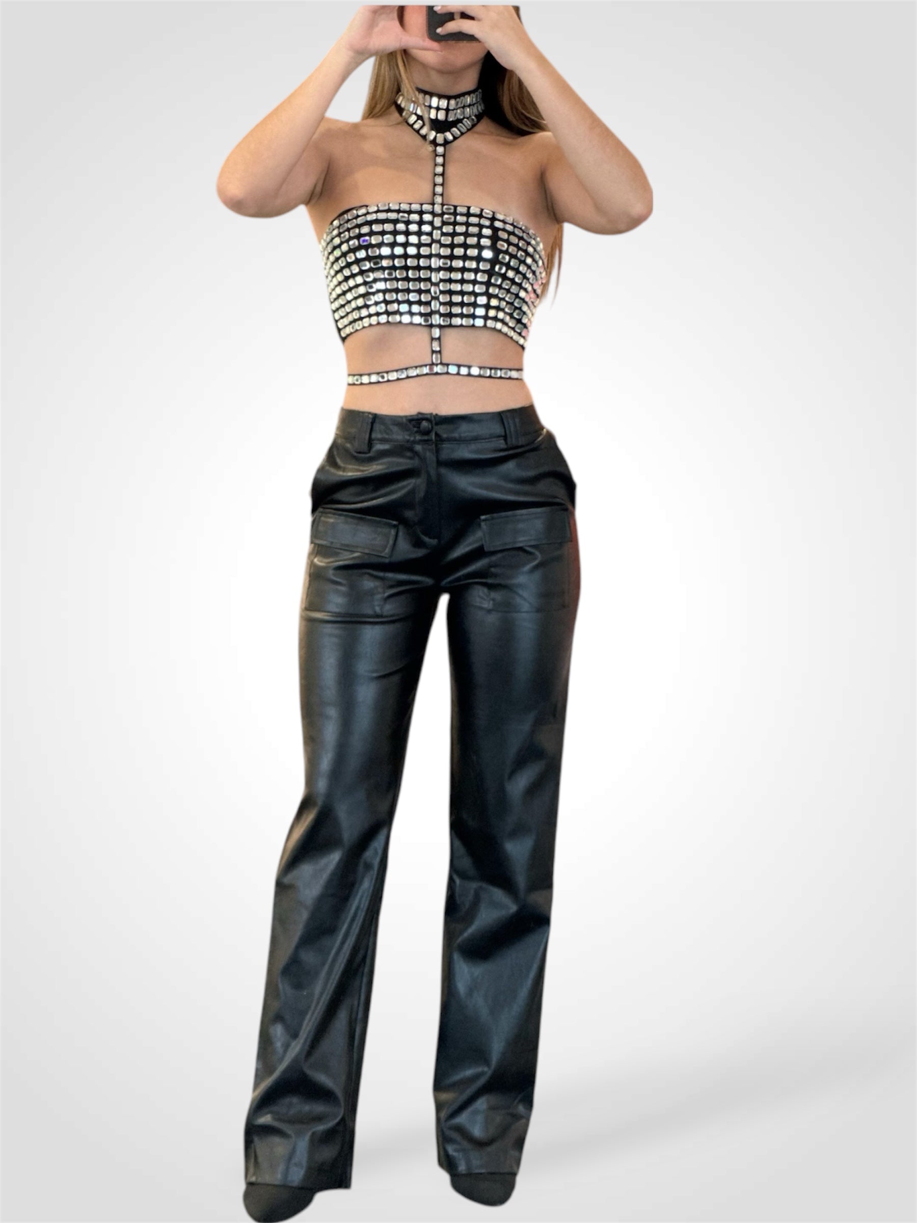 BUTTON CLOSURE POCKETS WIDE LEG LEATHER PANTS•-2