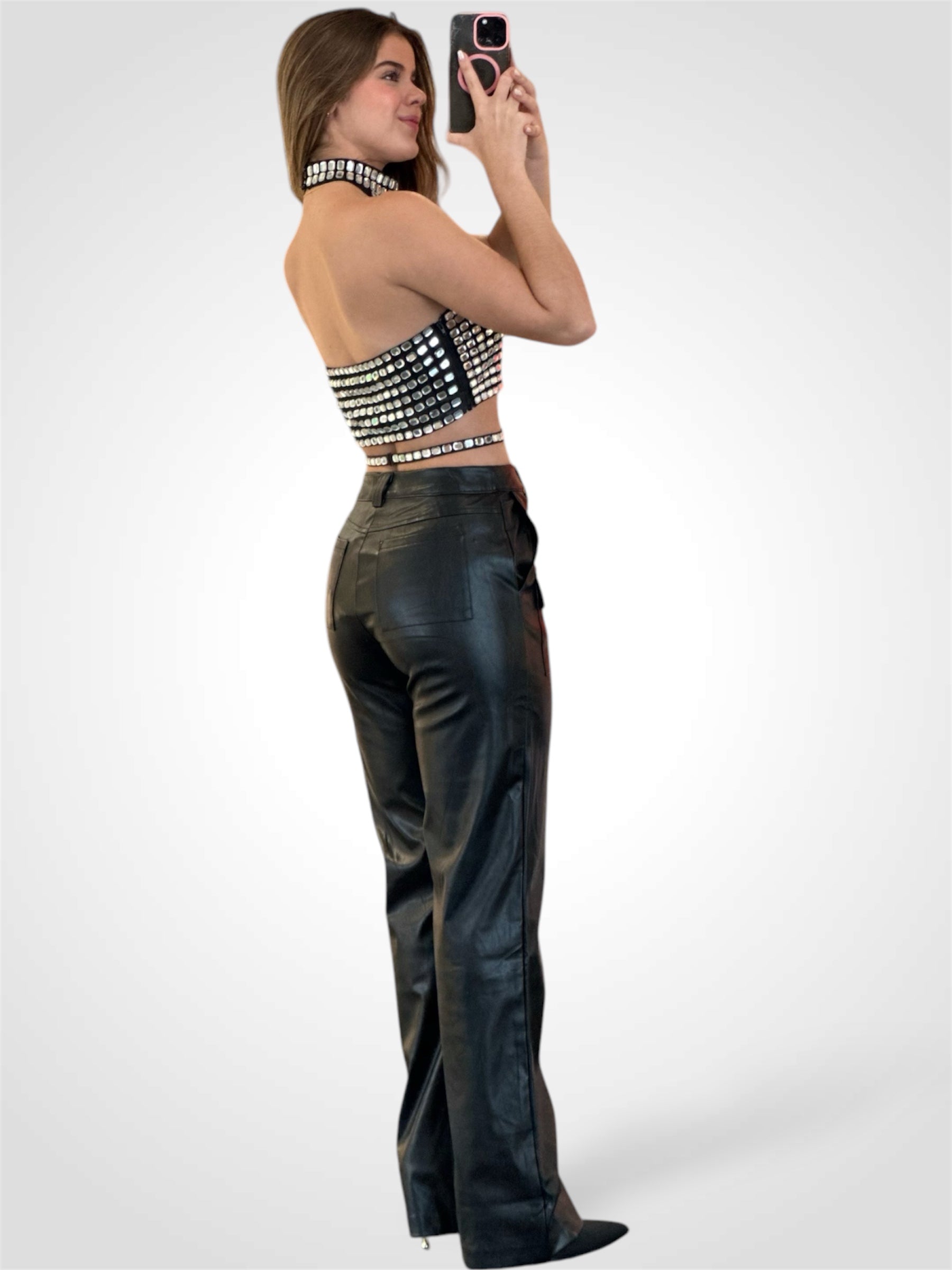BUTTON CLOSURE POCKETS WIDE LEG LEATHER PANTS•-3