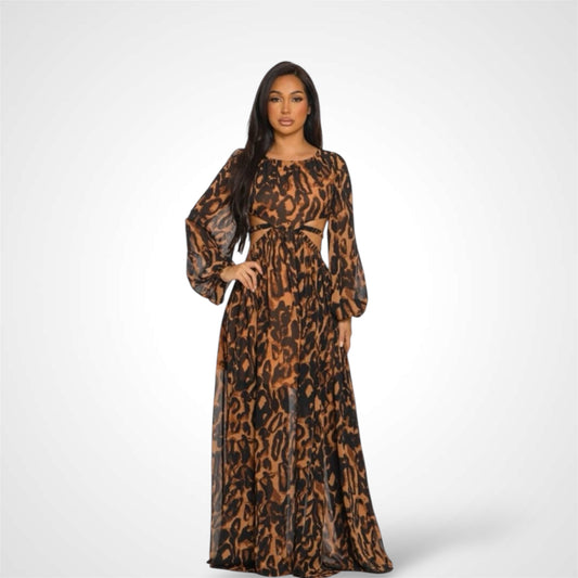 BROWN CHEETAH LONG SLEEVE MAXI DRESS