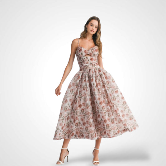 FLORAL ORGANZA SPAGHETTI STRAP MIDI DRESS