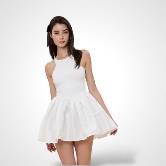 Ivory Solid Color Matte-shiny Fit&flare Mini Dress