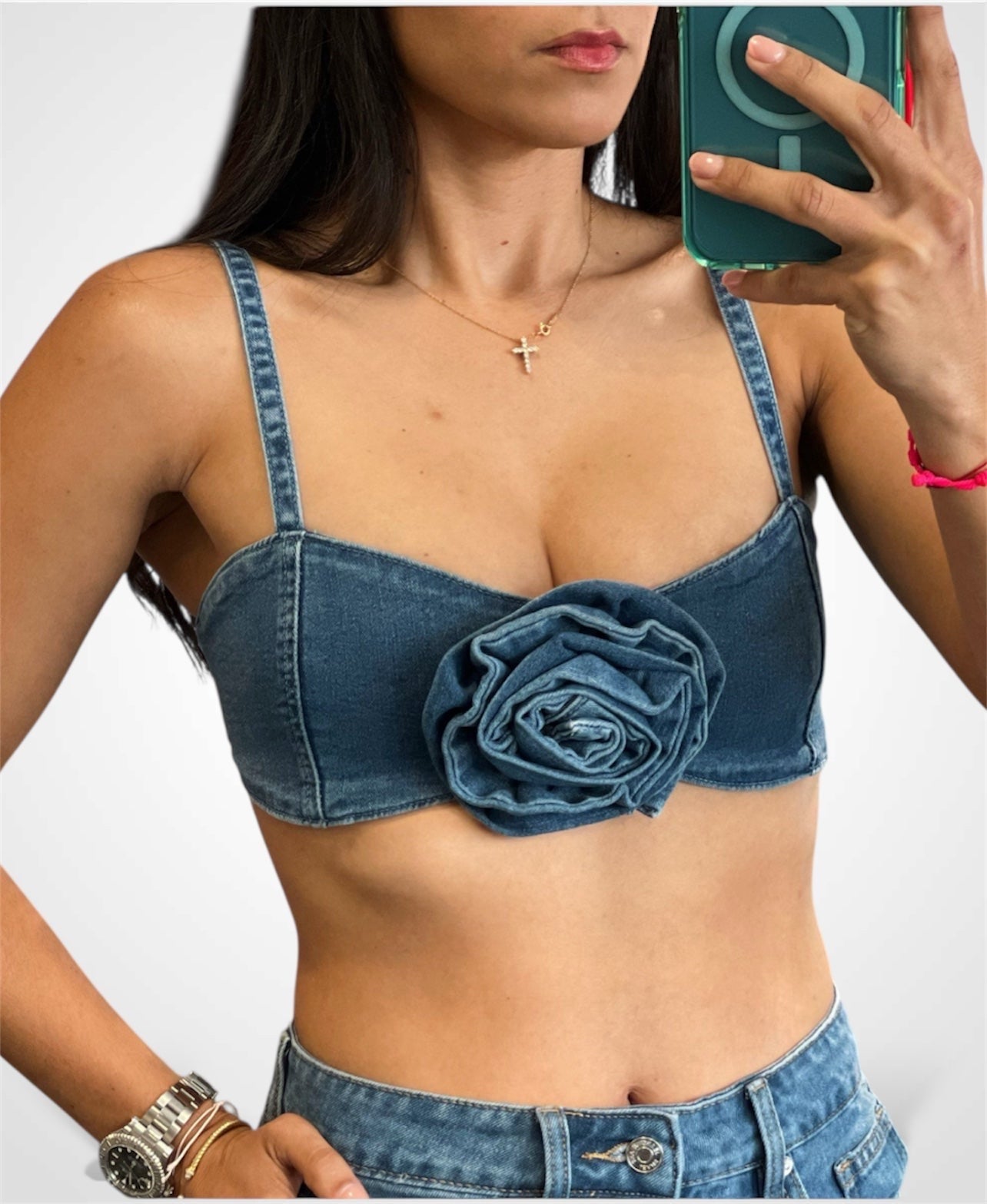 SLEEVELESS FLOWER DETAILED DENIM CROP TOP•-3