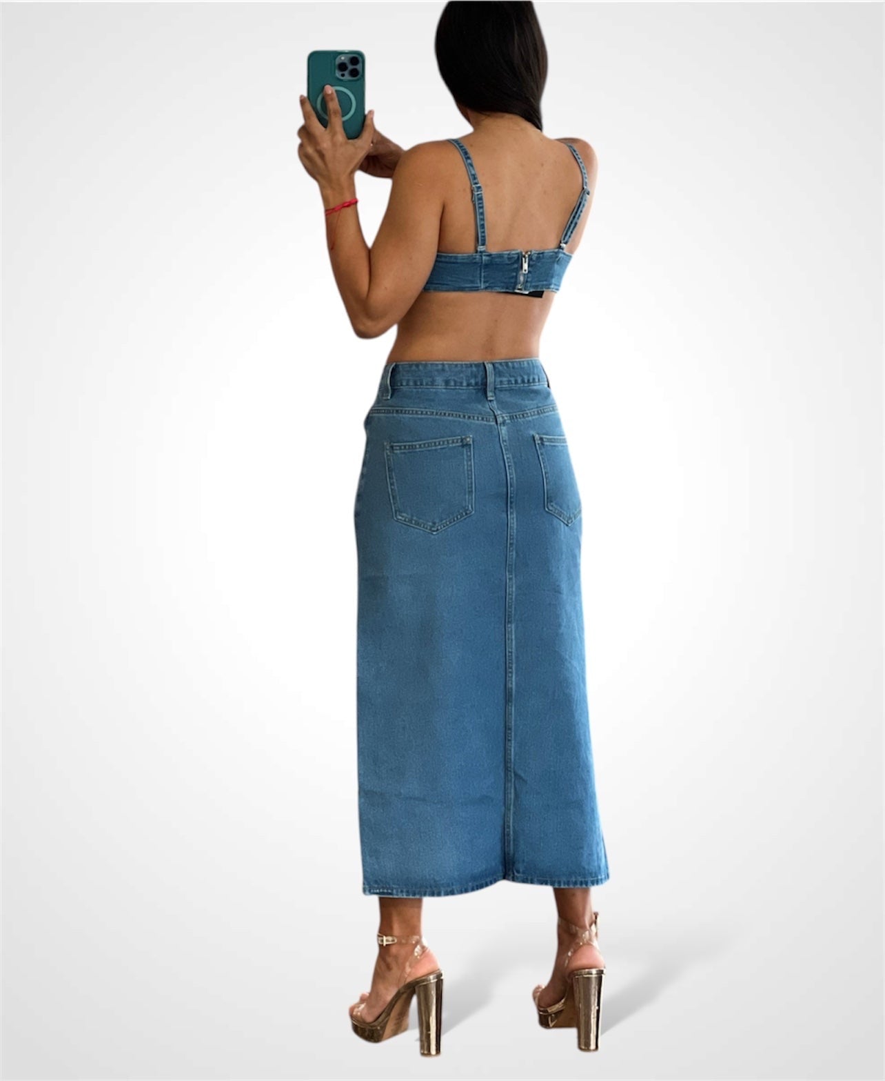 SLEEVELESS FLOWER DETAILED DENIM CROP TOP•-1