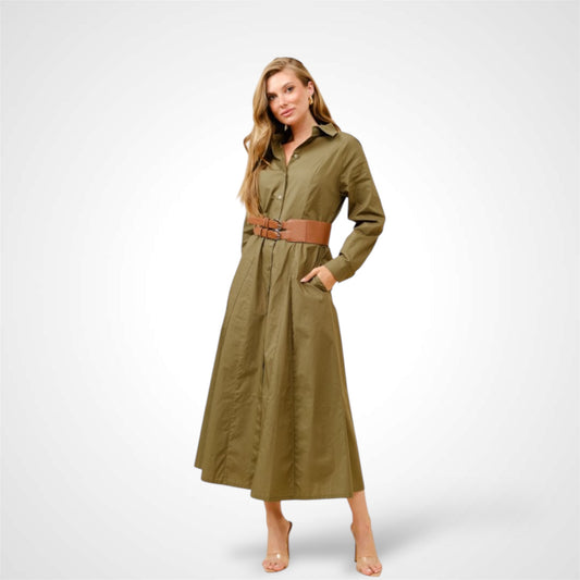OLIVE LONG SLEEVES SHIRT DRESS WITH FAUX LEATHER WAIST BELT