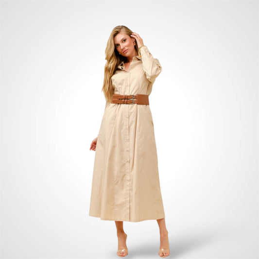 LT.BEIGE LONG SLEEVES SHIRT DRESS WITH FAUX LEATHER WAIST BELT