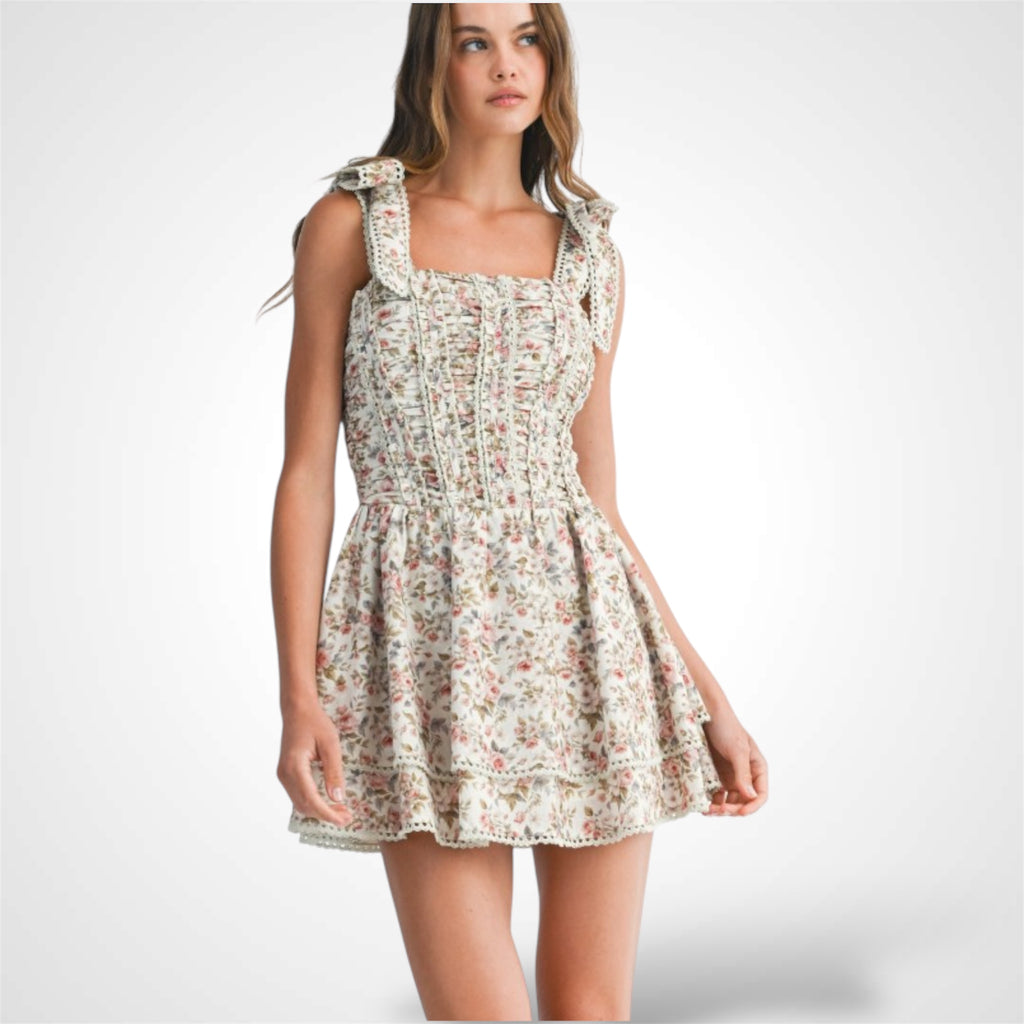 BACK SMOCKED LACE UP CORSET MINI DRESS