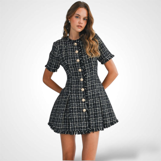 BUTTON FRONT FRAYED TWEED MINI DRESS