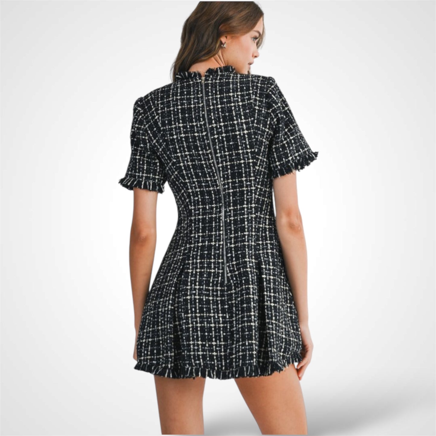 BUTTON FRONT FRAYED TWEED MINI DRESS