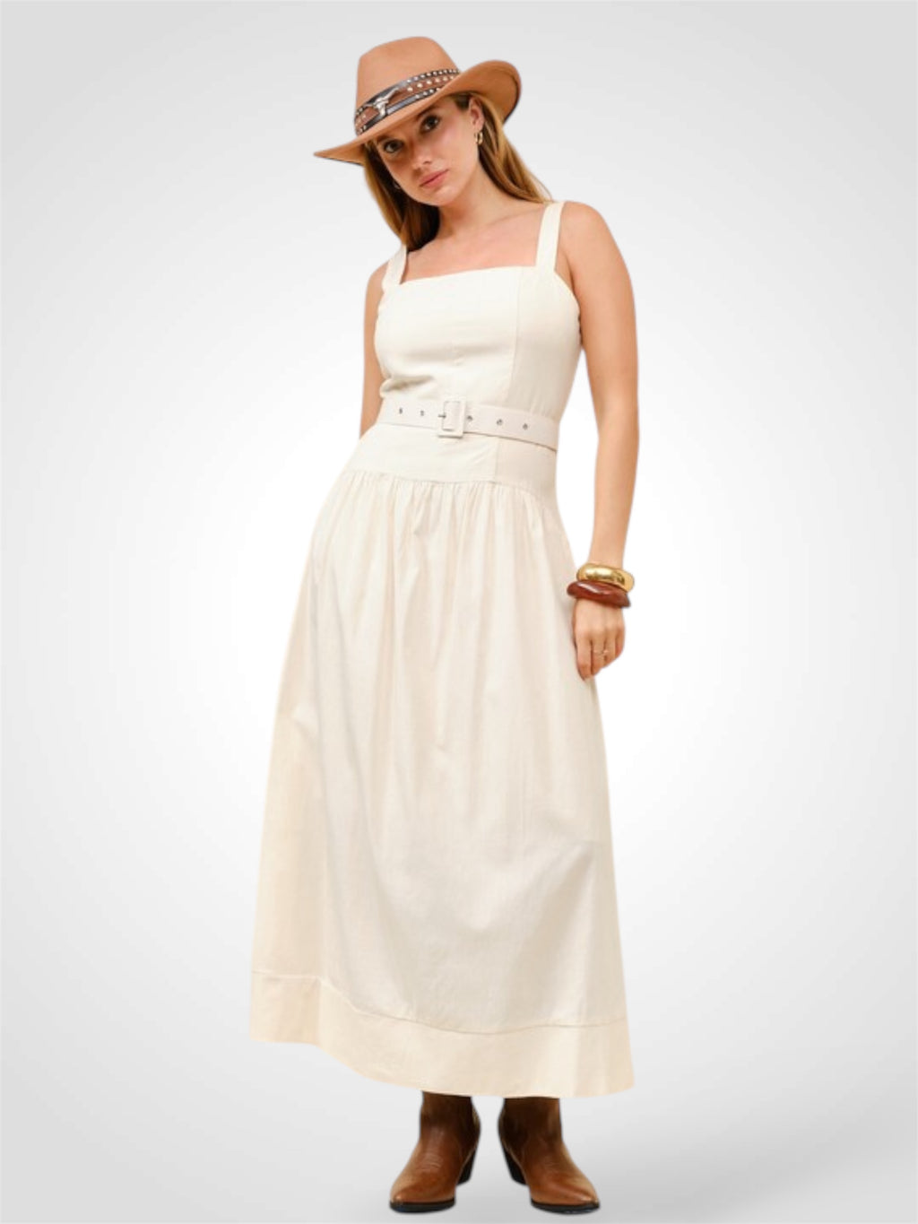 Light Beige Square Neck Poplin Midi Dress