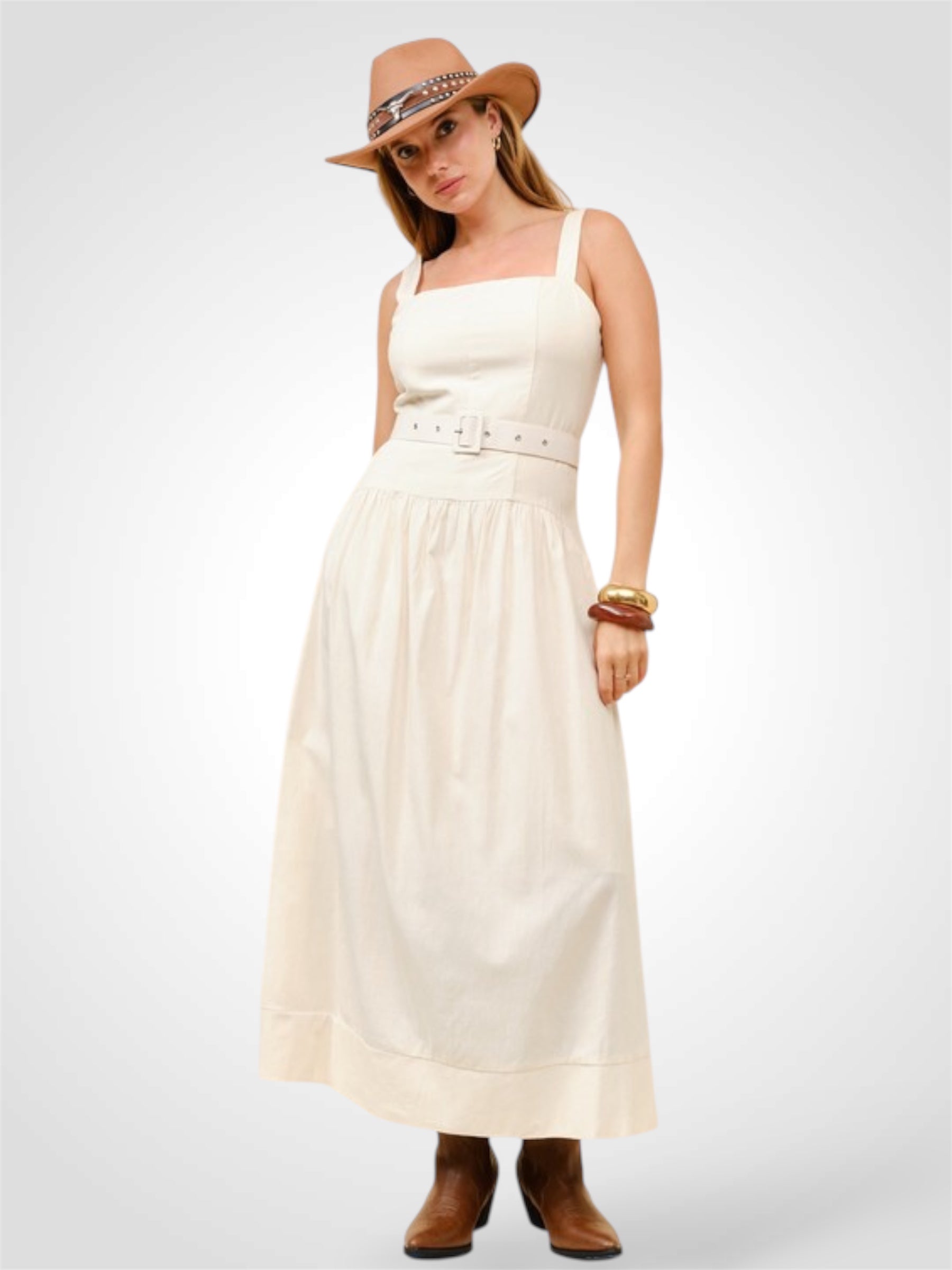 Light Beige Square Neck Poplin Midi Dress