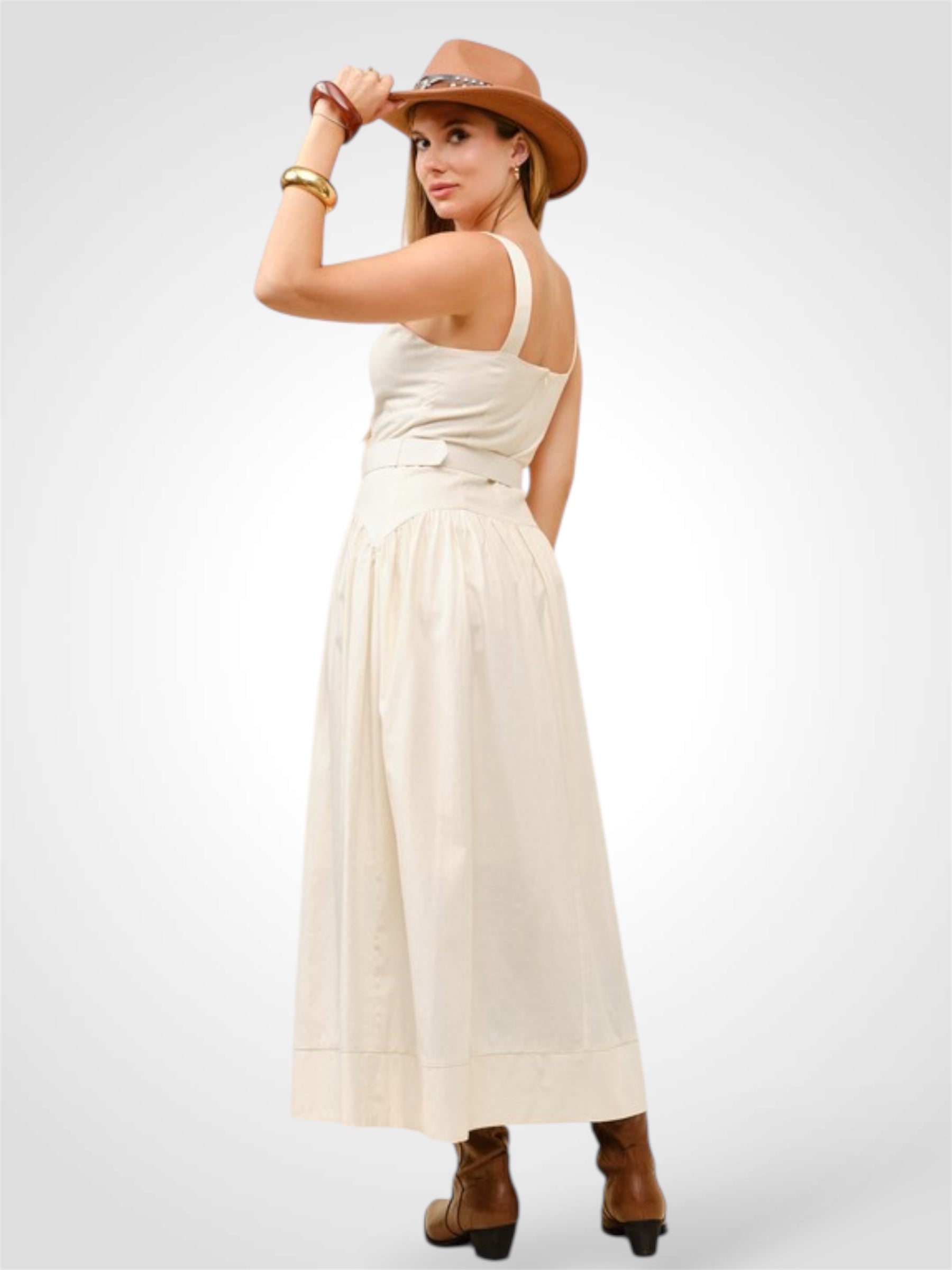 Light Beige Square Neck Poplin Midi Dress