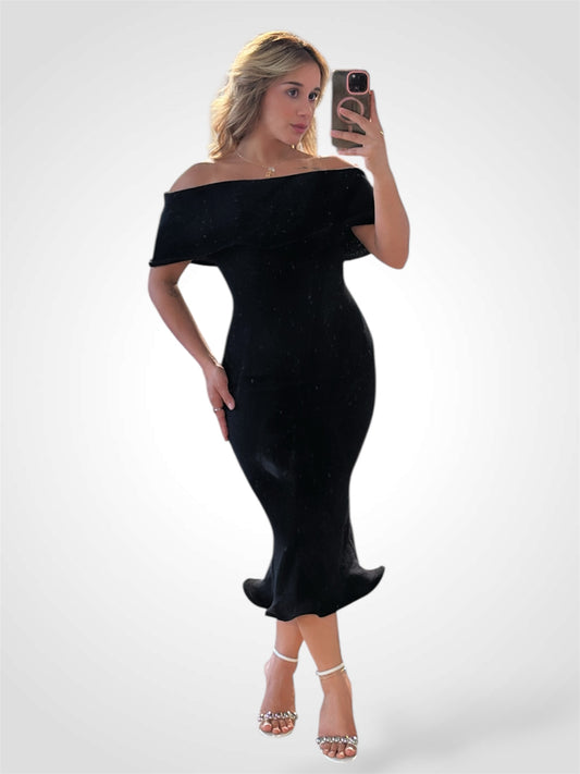 SJQ-WAVY HEM OFF SHOULDER SWEATER MIDI DRESS