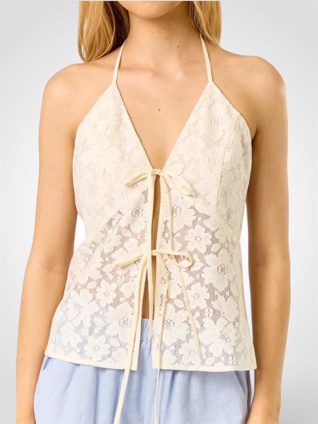 Lace Halter Tie Front Top