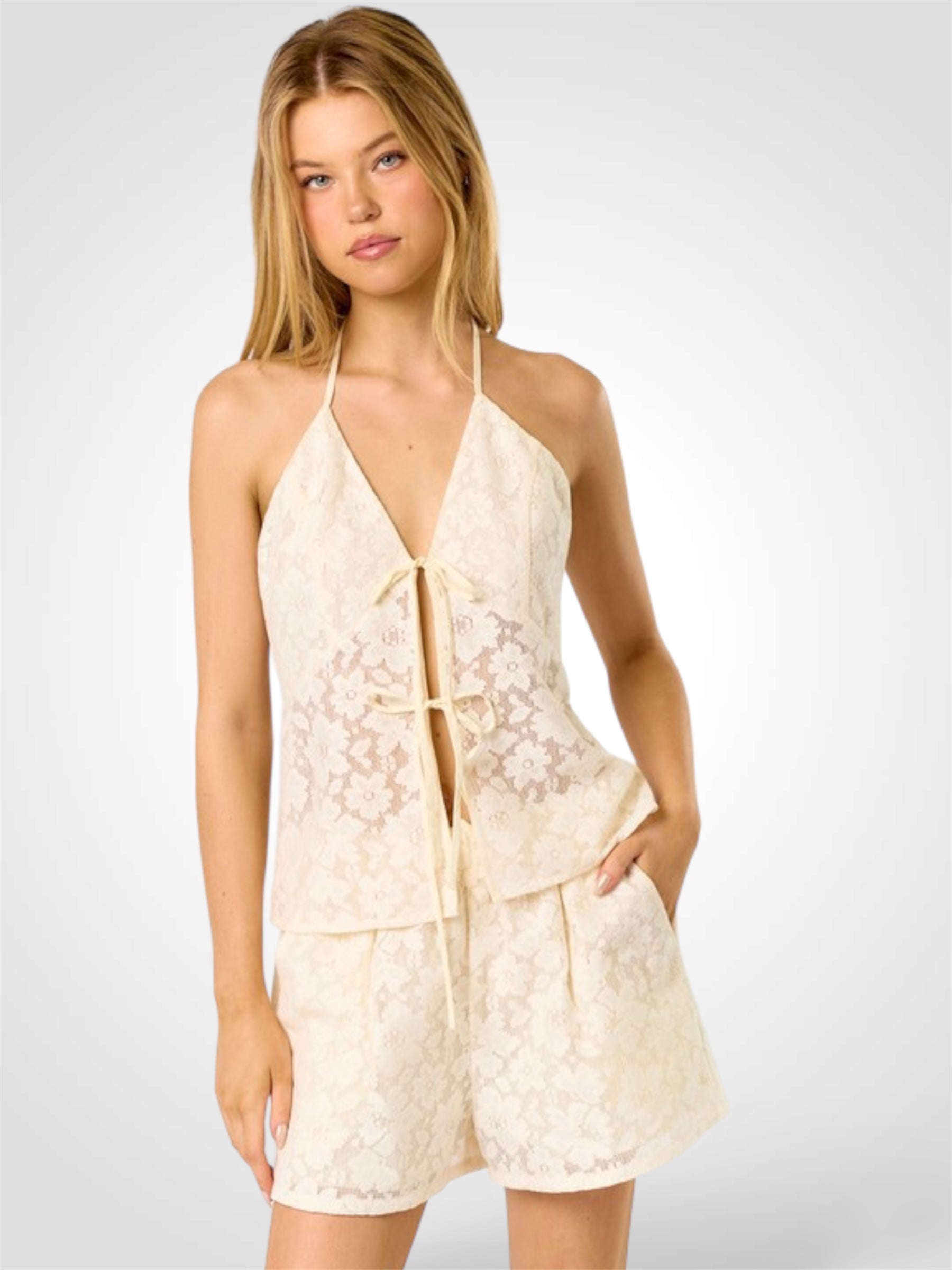 Lace Halter Tie Front Top