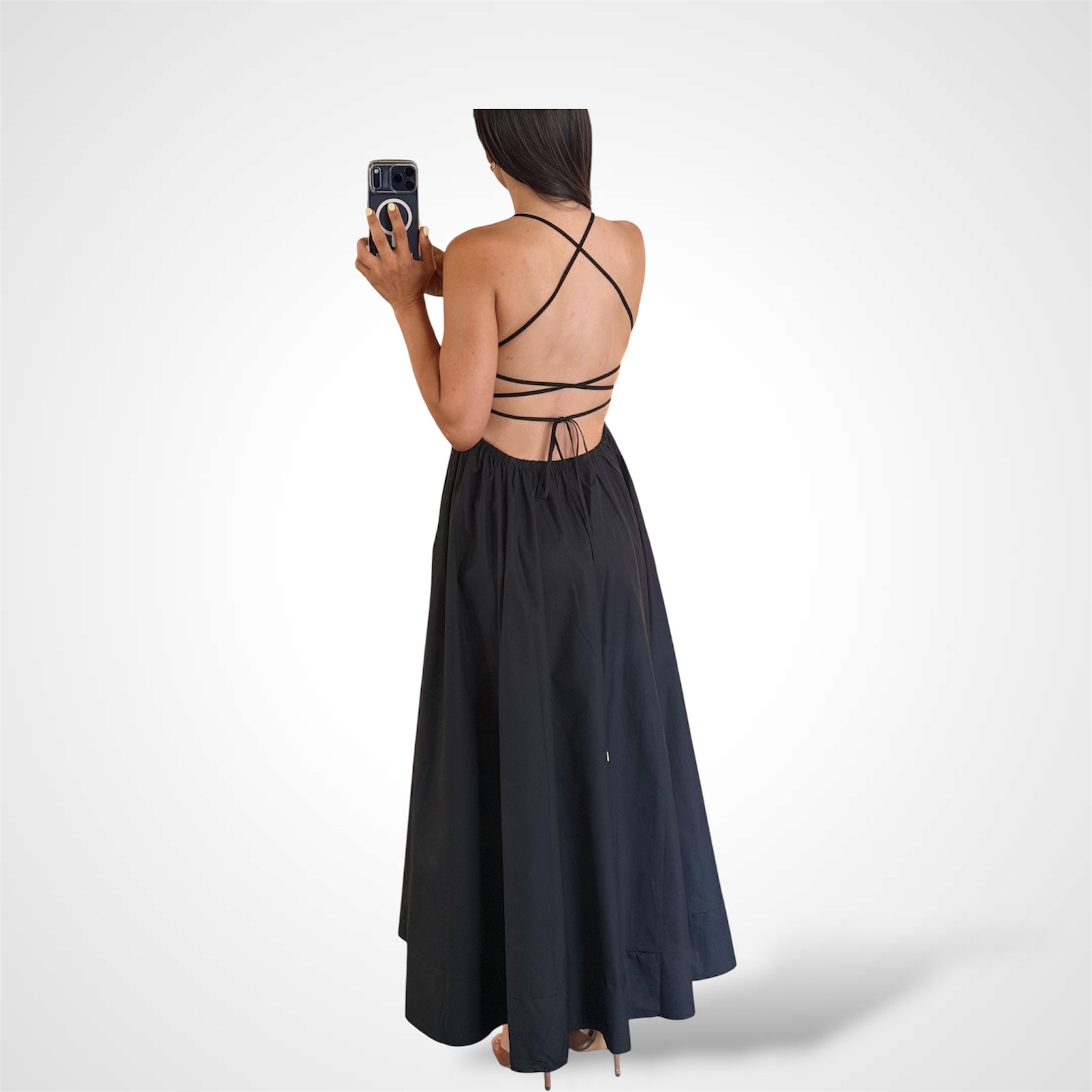 Balck Solid Woven Midi Dress-3