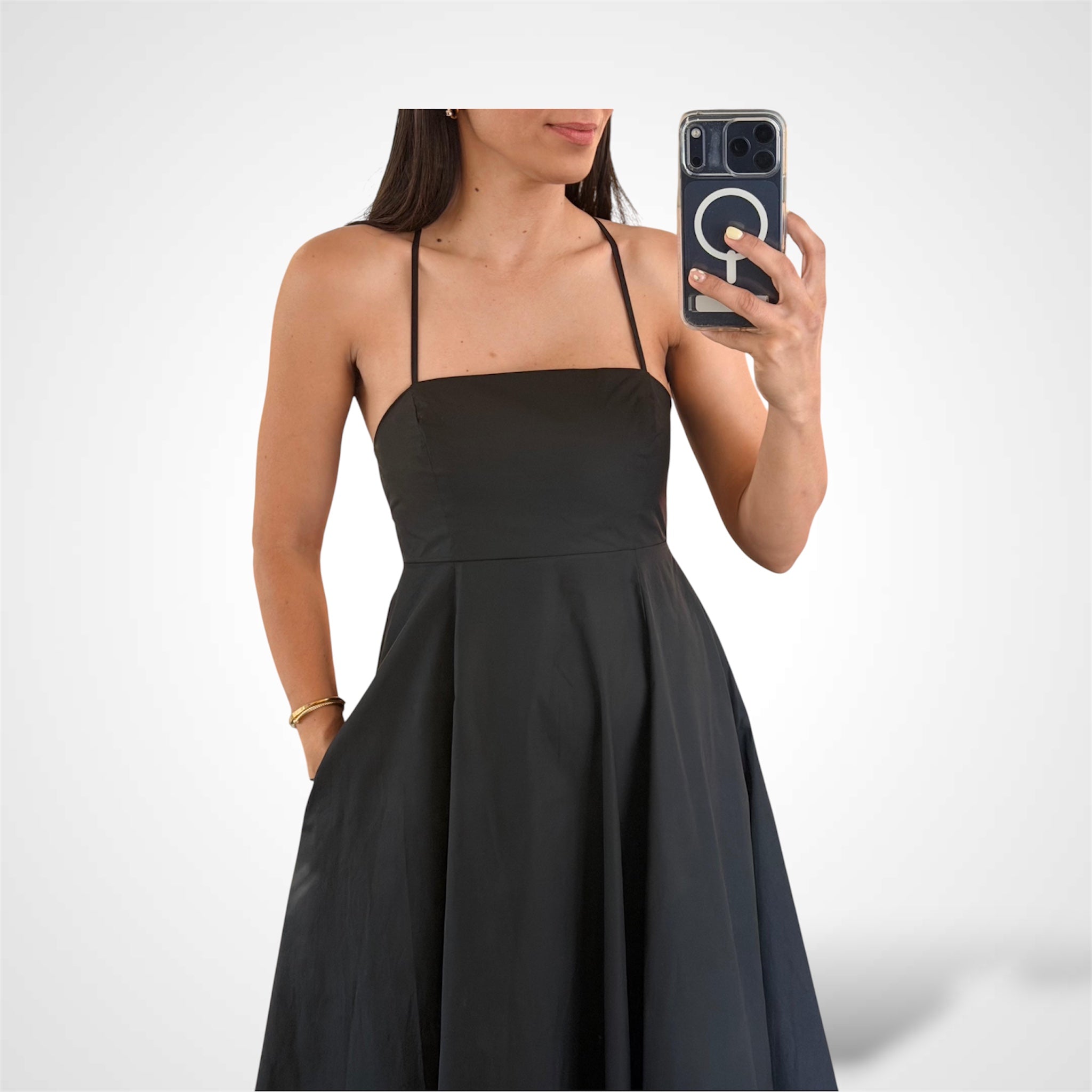 Balck Solid Woven Midi Dress-2