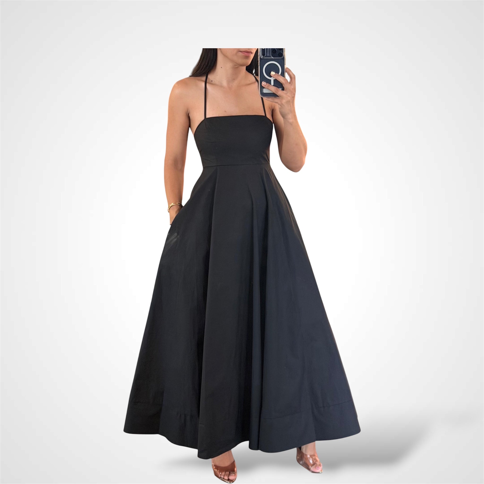 Balck Solid Woven Midi Dress
