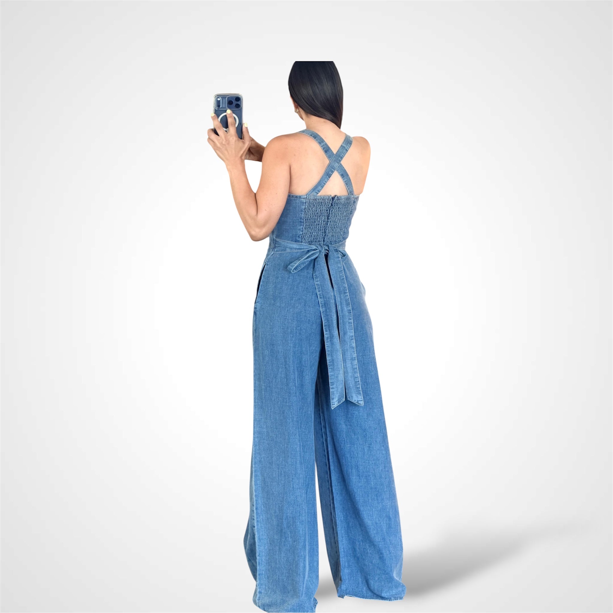 (PRE-ORDEN) FRONT TIE BELT WIDE LEG DENIM JUMPSUIT-3