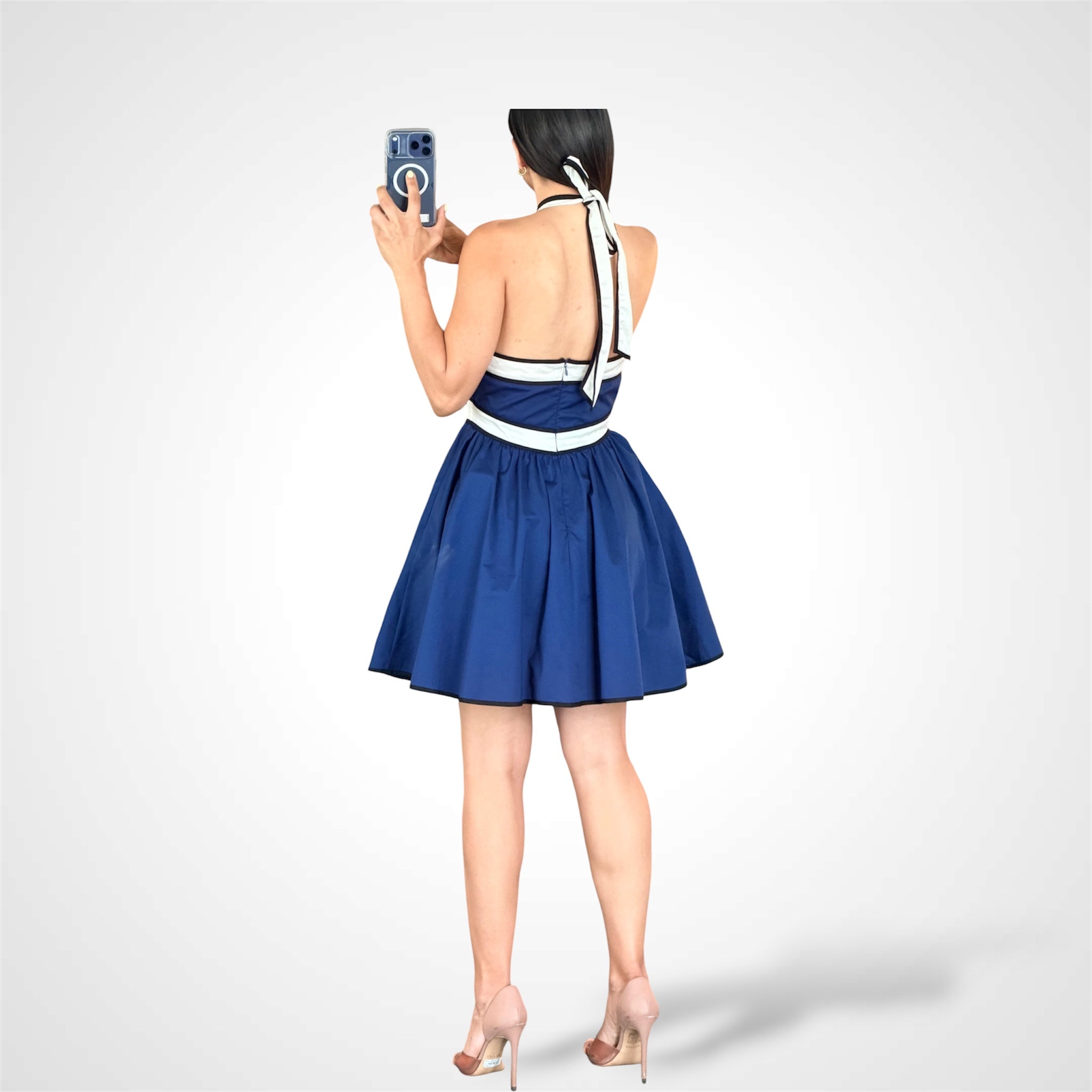 Halter Neck Open Back Front Pocket Fit & Flare Mini Dress•-3