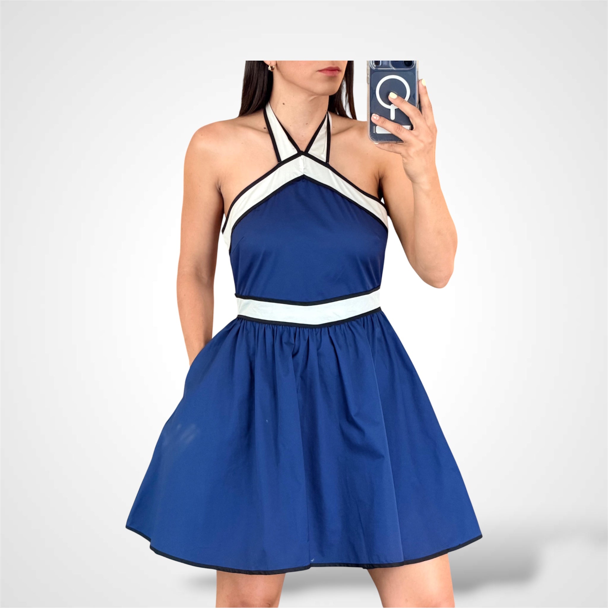Halter Neck Open Back Front Pocket Fit & Flare Mini Dress•-2