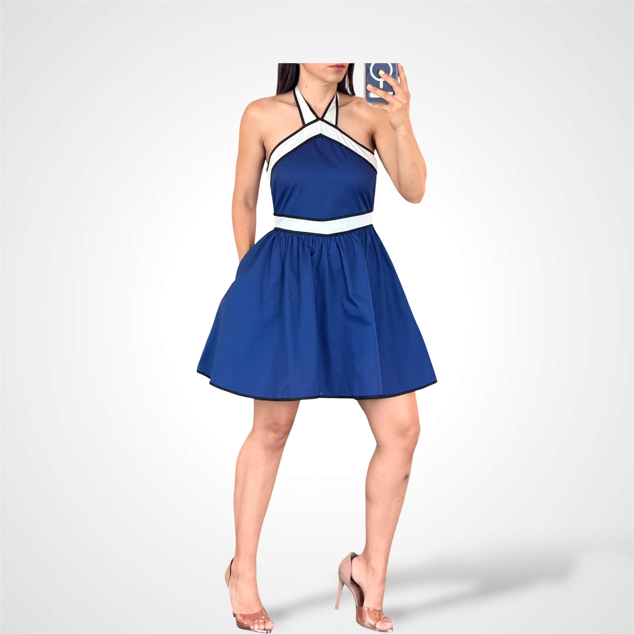 Halter Neck Open Back Front Pocket Fit & Flare Mini Dress•