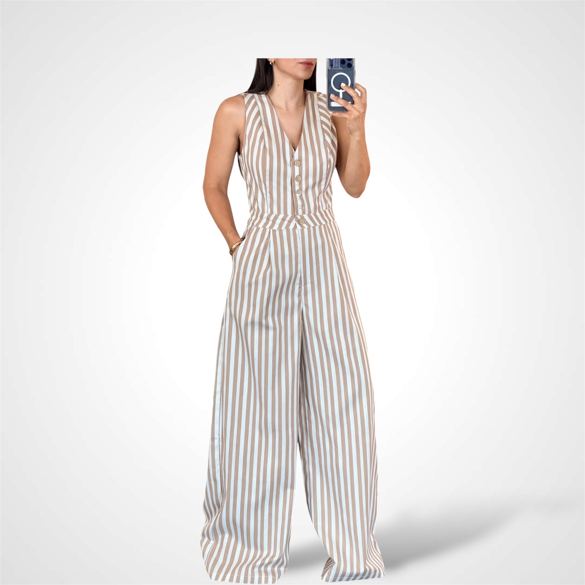 Taupe Striped Jumpsuit