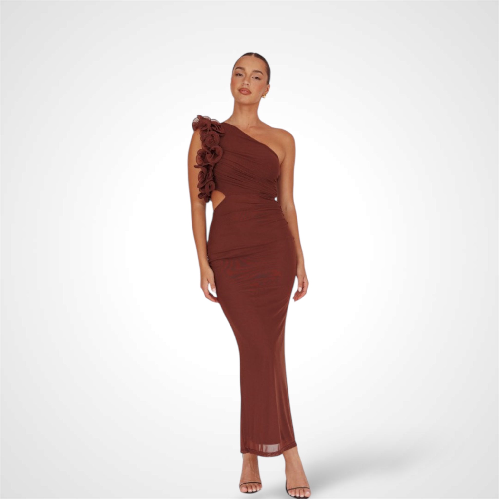Brown One Shoulder Mesh Maxi Dress