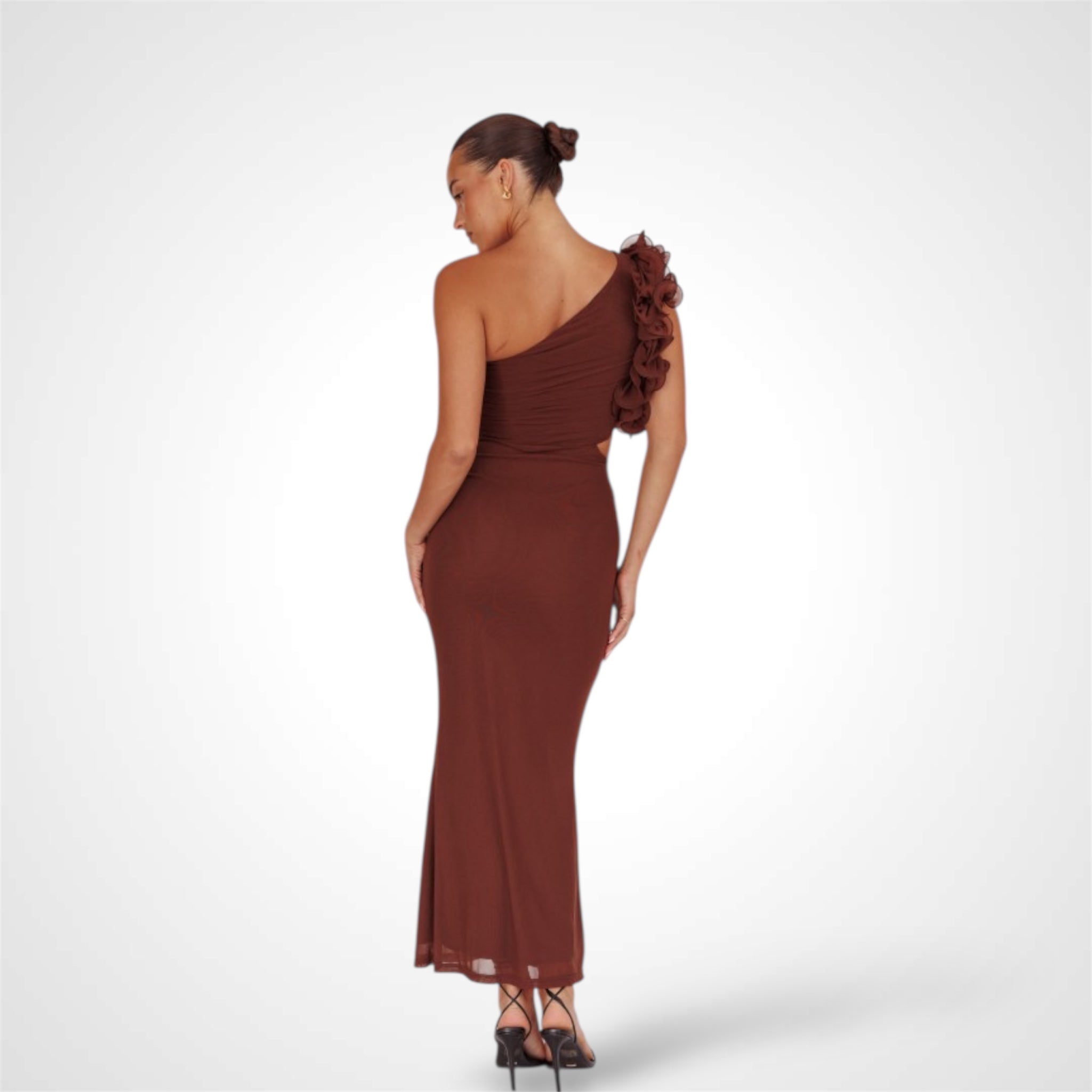 Brown One Shoulder Mesh Maxi Dress