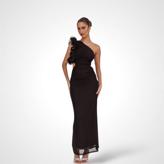 Black One Shoulder Mesh Maxi Dress