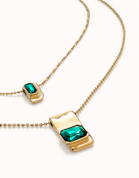 UNO D 50- Gold Double sterling silver-plated chain with green crystals