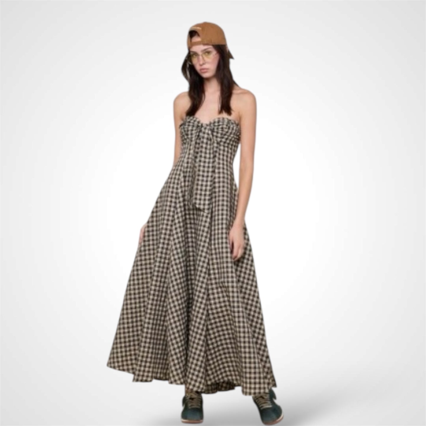 Vintage Checker Open Back Band Long Midi Dress