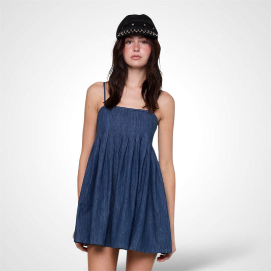 Washed Denim Square Neck Casual Swing Mini Dress
