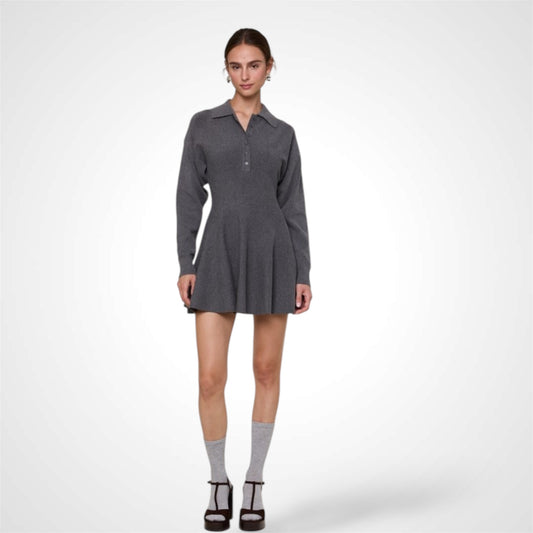 Collared Long Puff Sleeve Knit Sweater Mini Dress