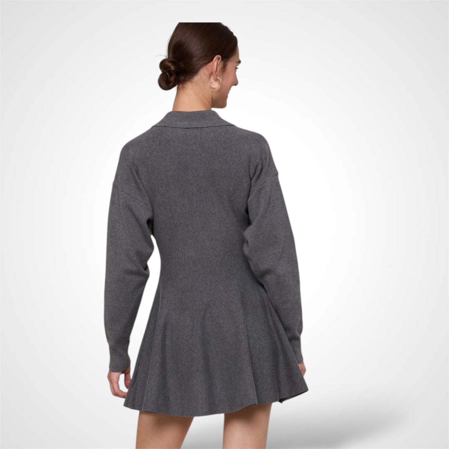 Collared Long Puff Sleeve Knit Sweater Mini Dress