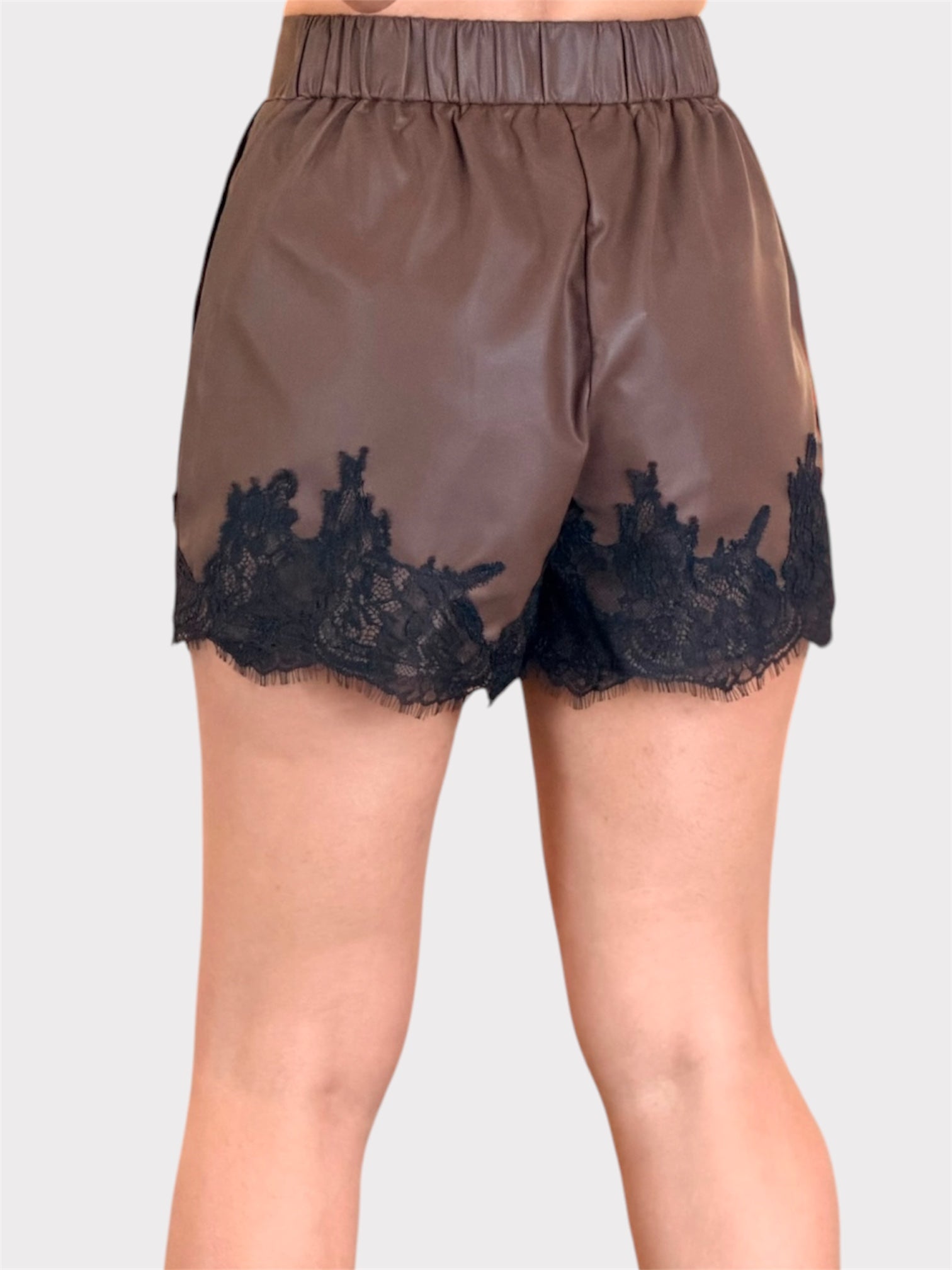 FAUX LEATHER LACE TRIM HEM SHORTS-2