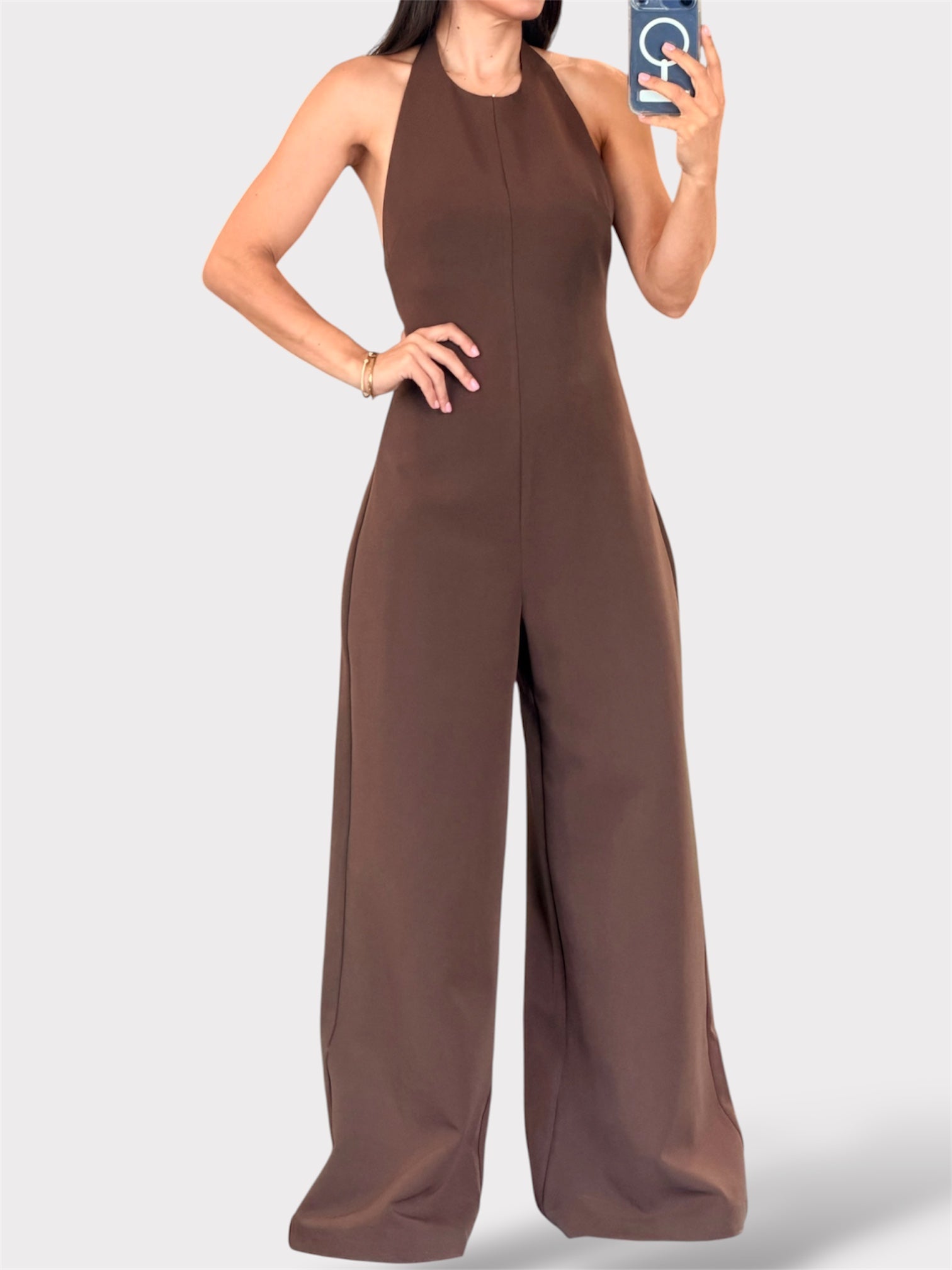 CHOCOLATE BROWN HALTER LONG JUMPSUIT-1