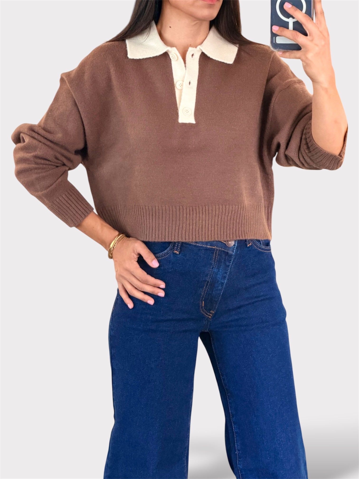 CONTRAST COLLAR CREW NECK SWEATER TOP-1