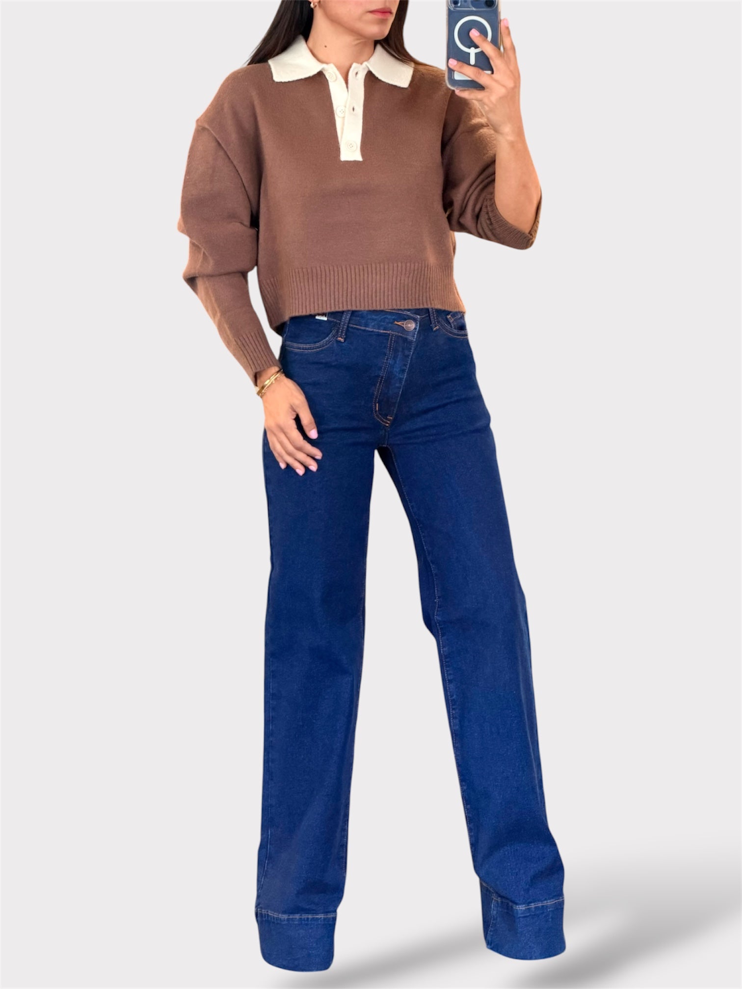 CONTRAST COLLAR CREW NECK SWEATER TOP-2