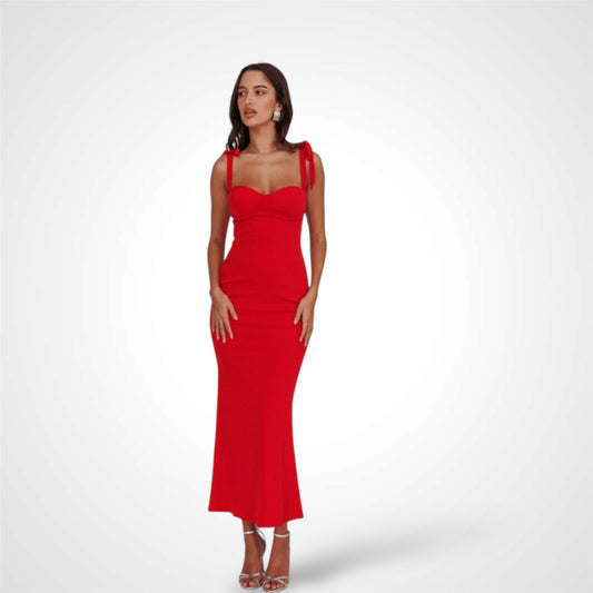 RED SLEEVELESS TIED STRAP MAXI DRESS